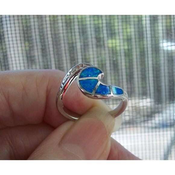 925 STERLING SILVER Lab Created Blue Fire Opal Greek Key & Wave Ring - Picture 6 of 16